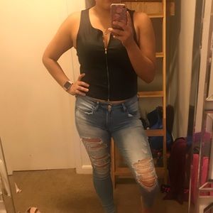 Faux leather zip up crop top